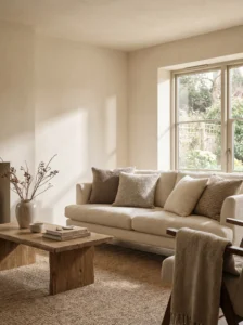 Neutral Japandi living room with warm beige tones and soft minimal decor
