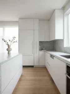 Minimalist kitchen with handleless flat-panel white cabinets and seamless modern design