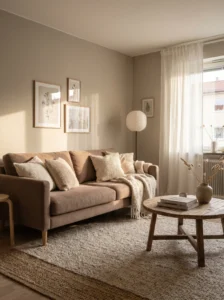 Layered neutral brown living room with soft sofa, beige cushions, and natural light creating a cozy modern space