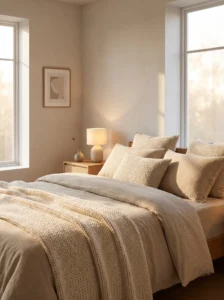 Layered beige bedroom with soft textures and neutral bedding for a warm and calming look