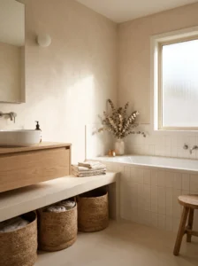 Soft beige and warm white bathroom with wooden accents and cozy spa-inspired decor