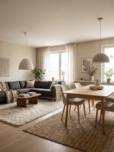 Living and dining room combo separated using two rugs for clear space zoning
