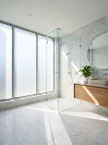 Frameless glass shower enclosure in a modern bright bathroom with marble tiles