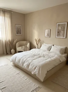 Warm beige and soft white bedroom with layered textures and cozy neutral decor