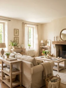 soft neutral French country living room with beige and cream cozy decor