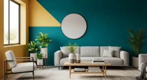 Living room with bold colorful accent wall creating a striking focal point