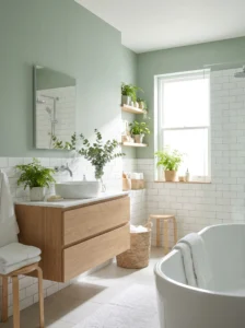 Sage green bathroom with natural wood vanity and spa-inspired decor