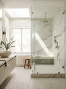 Frameless glass walk-in shower with marble tiles and modern minimalist bathroom design