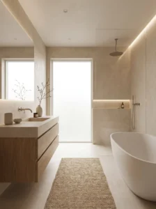 Minimalist spa-inspired bathroom with floating vanity and neutral tones