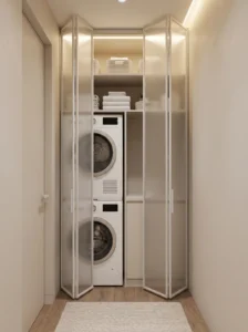 Stacked washer and dryer in small laundry closet saving floor space