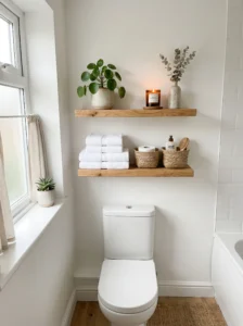 Floating shelves above toilet for small bathroom storage and organization