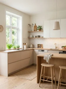 Neutral Scandinavian kitchen with white and beige tones creating a soft and calming minimalist space