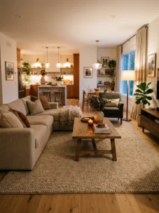 Living room area rug defining space in open kitchen layout