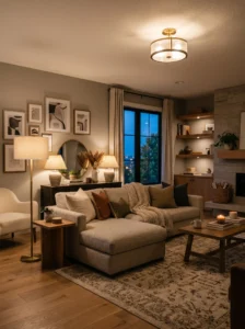 Layered living room lighting with ceiling light, floor lamp, and table lamps creating a balanced cozy atmosphere