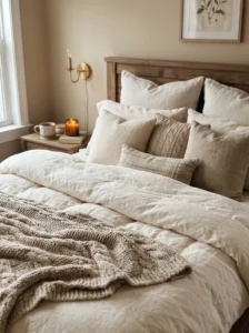 Layered cozy bedding with fluffy pillows and textured blankets for teen bedroom comfort
