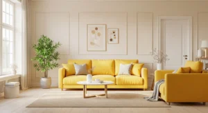 Yellow couch paired with neutral walls creating a bright and balanced living room