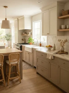 Warm neutral kitchen color palette with beige cabinets and soft modern decor