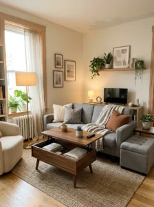 Multi-functional furniture in a small living room including storage ottoman and sofa bed to save space