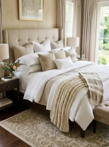 Luxury bedding setup with layered pillows and soft textures creating an elegant bedroom look