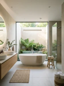 Freestanding white bathtub as the focal point in a modern minimalist bathroom