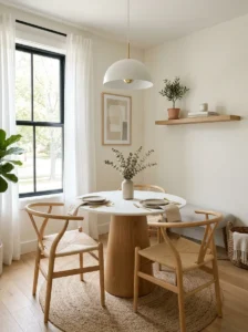Round table small dining room space saving layout idea