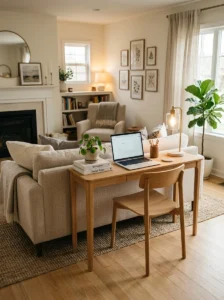Slim console desk behind sofa used as small living room workspace