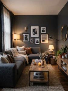 Charcoal gray living room with soft warm lighting creating a cozy and dramatic atmosphere