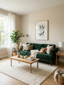 Green couch with neutral walls living room decor idea