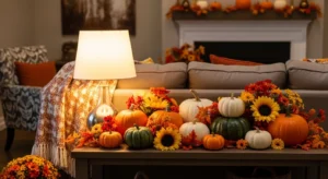 Seasonal decor on behind sofa table