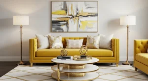 Yellow sofa with gold accents adding a luxurious touch to the living room