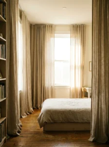 Curtains hung higher to make small bedroom look taller