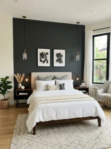 Men’s bedroom with dark accent wall creating depth and modern style