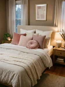Pink throw pillows on bed with cozy and stylish arrangement