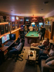“Basement game room with pool table and lounge seating”
