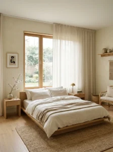 Japandi bedroom with sheer curtains and soft natural light