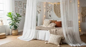 Sheer canopy creating a soft and dreamy boho bedroom