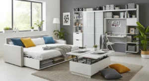 Multi-functional furniture maximizing space in a guest room office