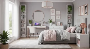 Color coordinated decor creating a cohesive teen bedroom look