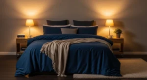 Dark blue bedding creating a cozy and relaxing bedroom