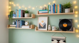 Floating shelves adding vertical storage in a dorm room
