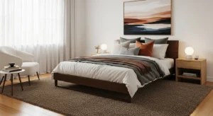 Brown rug anchoring the bedroom and adding warmth