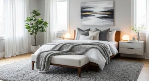 Grey rug anchoring a modern bedroom space