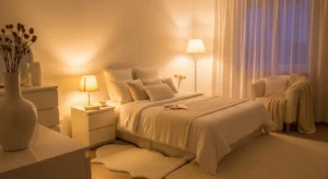 Soft lighting creating a cozy white bedroom atmosphere