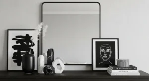 Black and white fireplace mantle decor