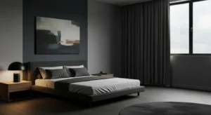 Dark minimalist bedroom creating a calm uncluttered space