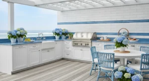 Coastal style outdoor kitchen with light and fresh decor