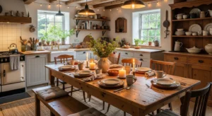 Farmhouse table creating a warm gathering space