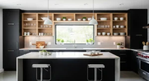 Open shelving balancing a black kitchen design