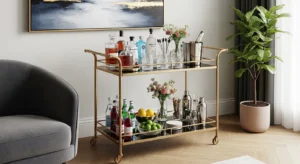 Bar cart styled in living room corner