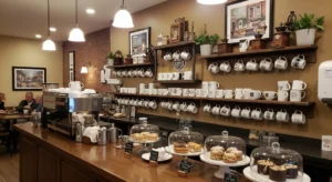 Mug display adding charm to a coffee bar